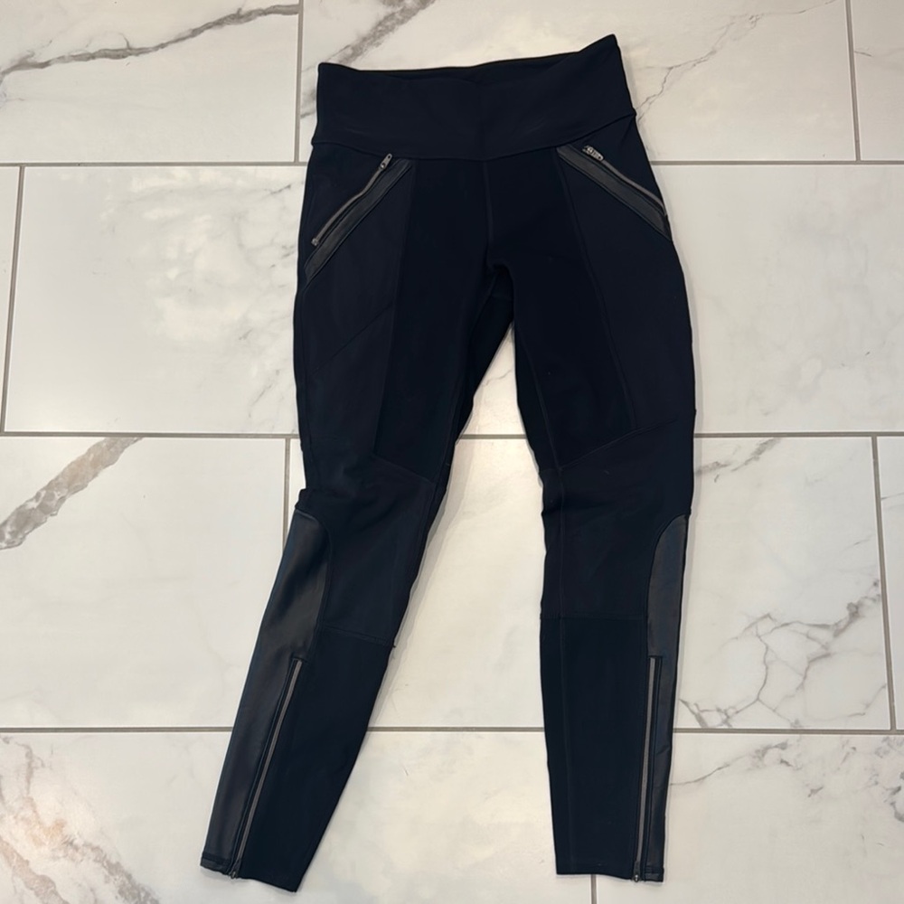 Athleta Black High-Waisted Moto Leggings with Leather & Zipper Details small
